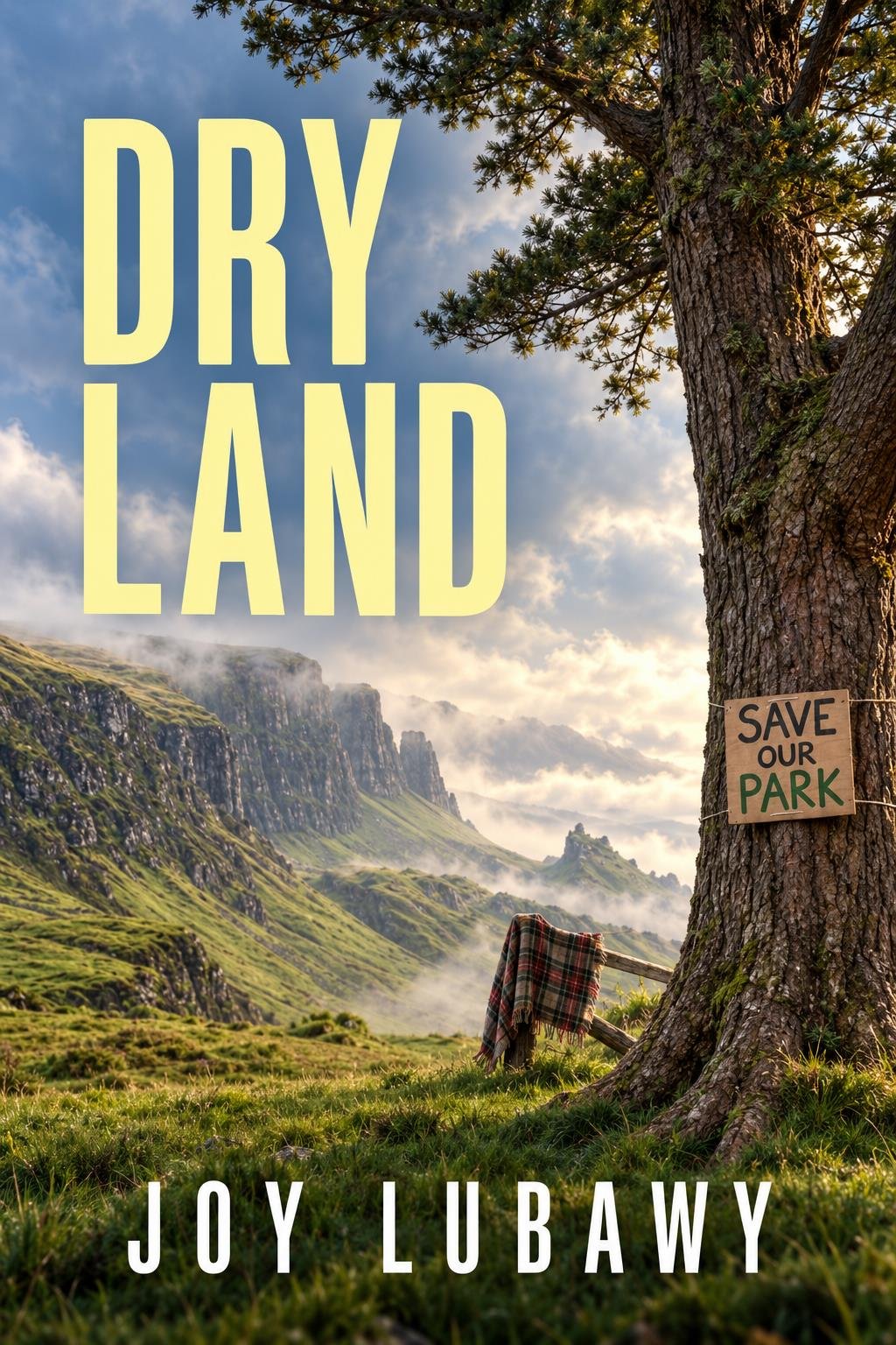 Dry Land by Joy Lubawy — concept cover with misty cliffs and a Save Our Park sign on a tree