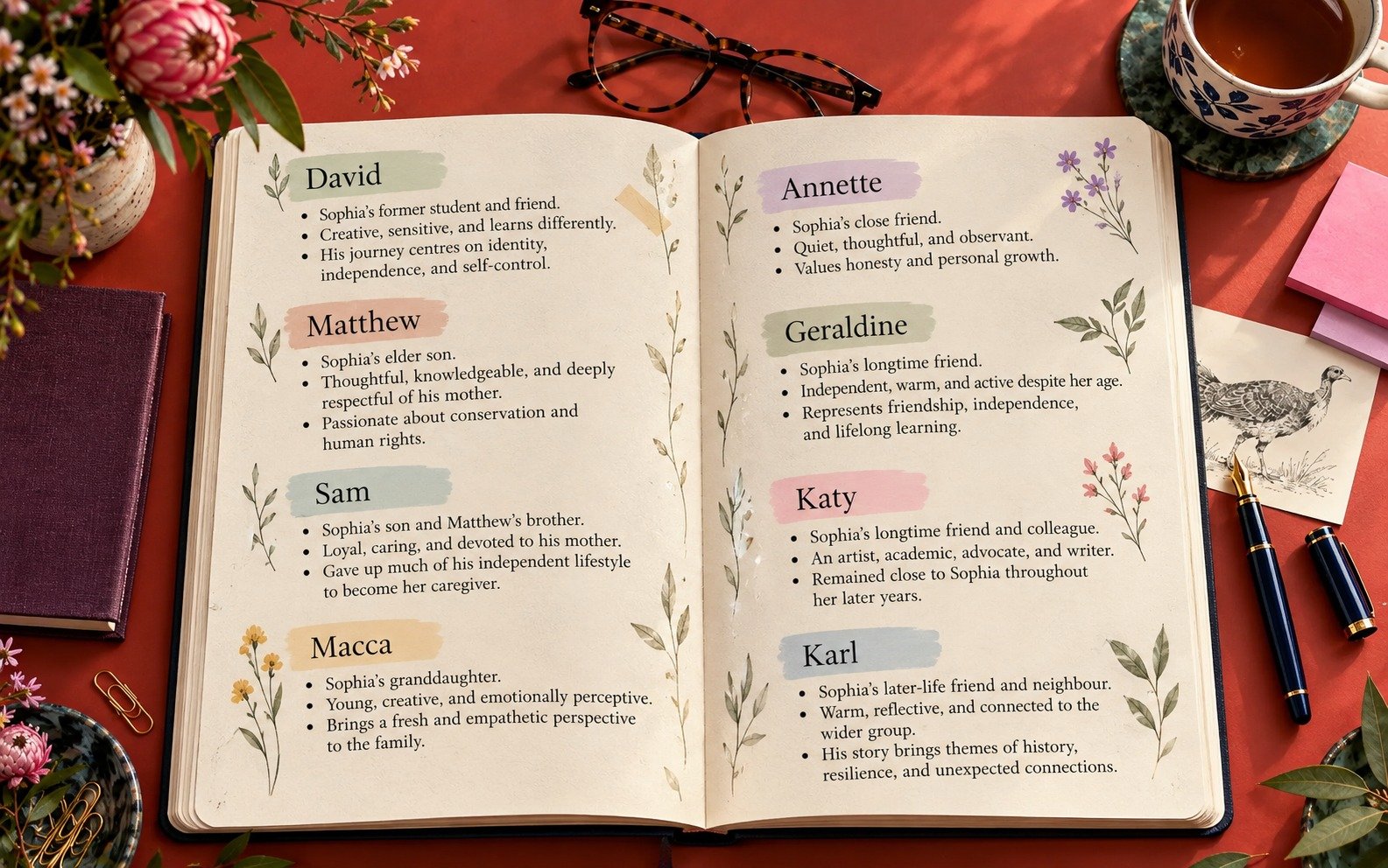 Joy’s open notebook on a terracotta desk, listing the people in Sophia’s story: David, Matthew, Sam, Macca, Annette, Geraldine, Katy and Karl, surrounded by flowers, tea, glasses, a fountain pen and a scrub turkey sketch.